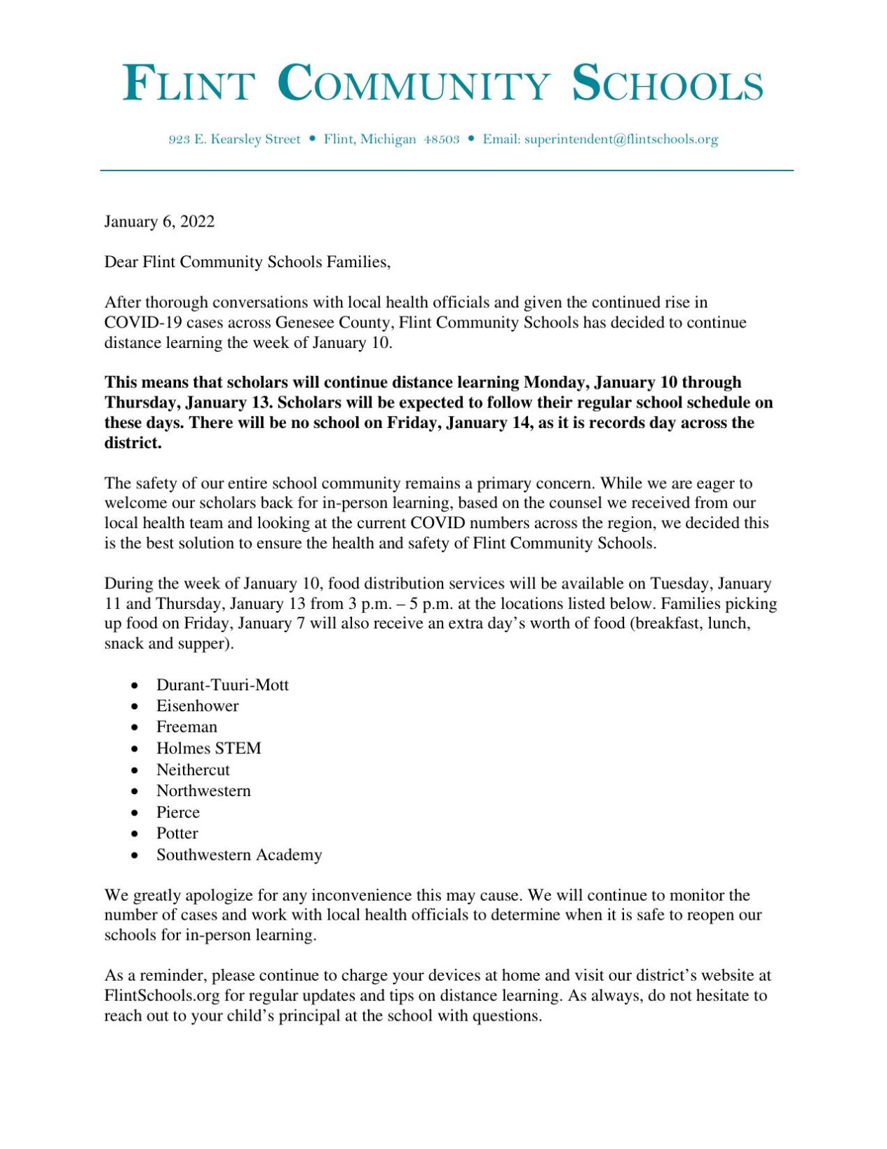 Flint Community Schools continues distance learning through Jan 13