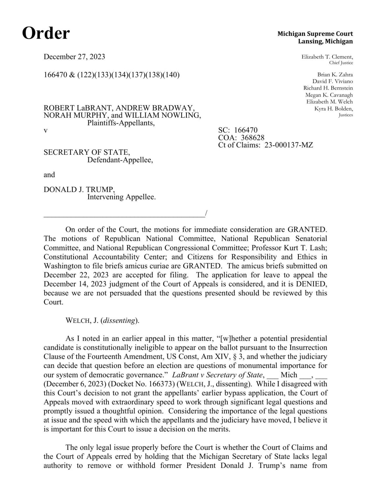 Michigan Supreme Court rejects 'insurrectionist ban,' keeps Trump on