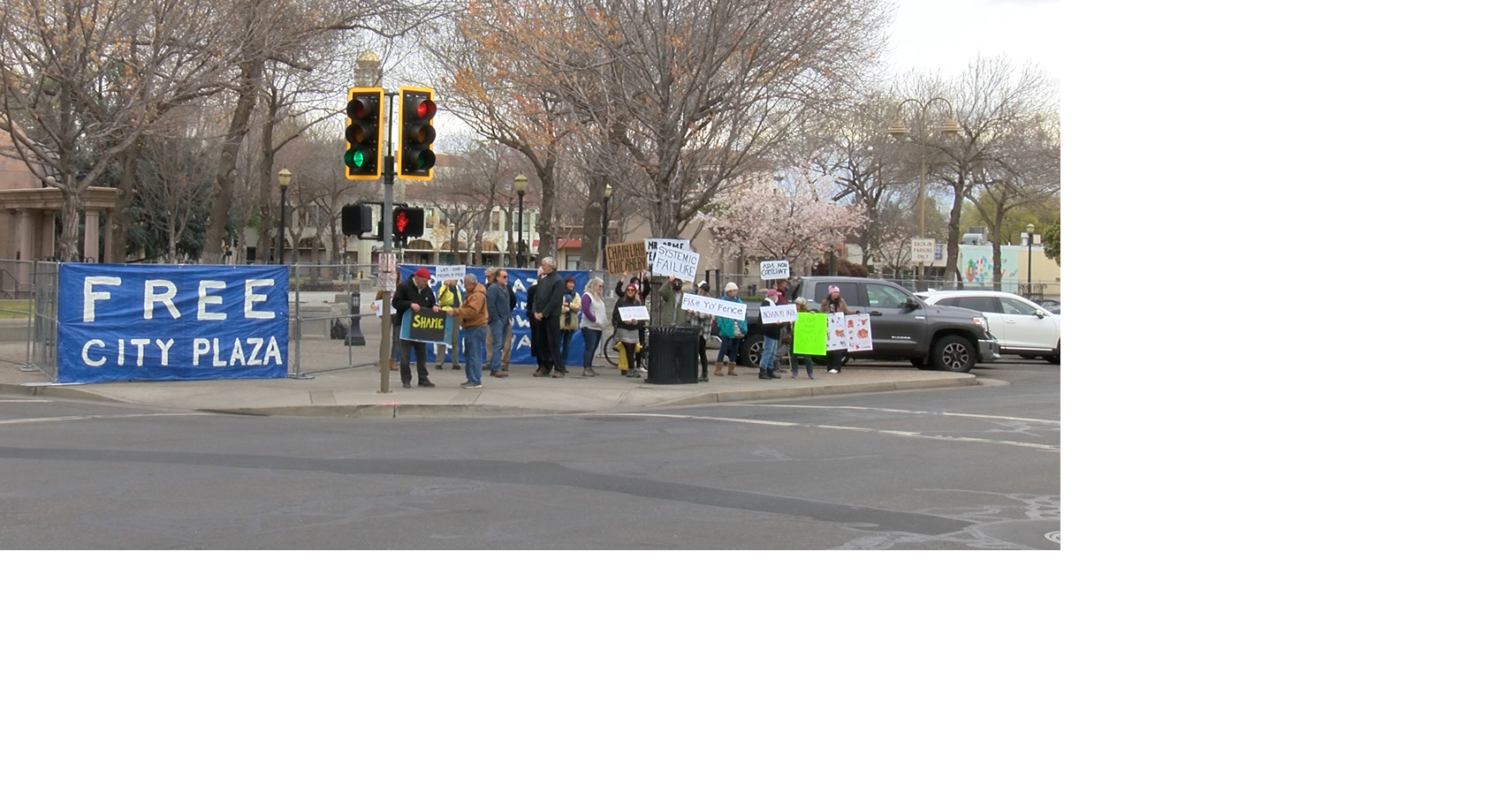 Protesters rallied in front of the Chico City Plaza Fence today as they ...