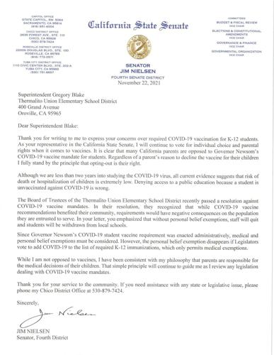 Senator Nielson supports Thermalito school district’s COVID vaccine resolution