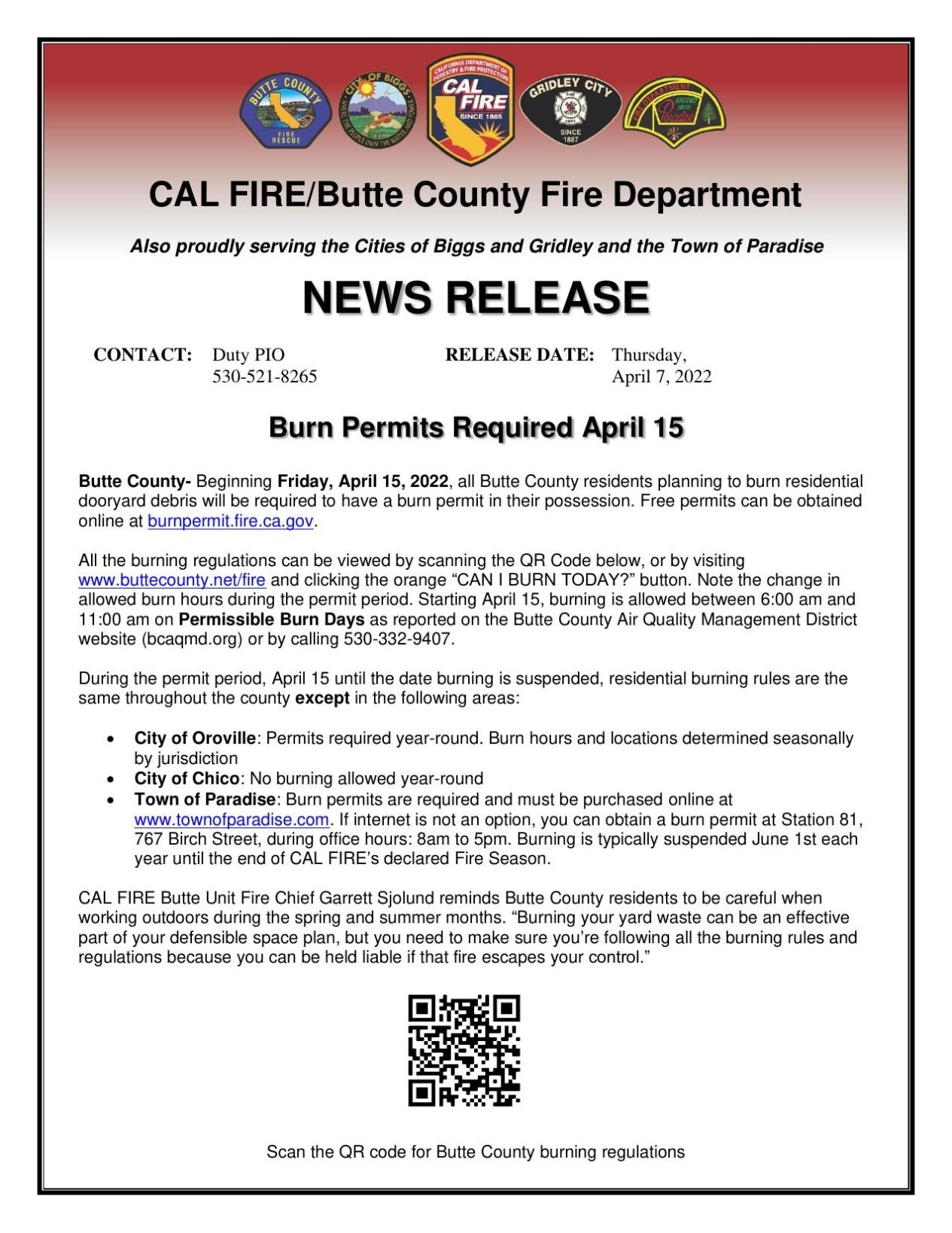 CAL FIRE to require burn permits to be required starting April 15 ...