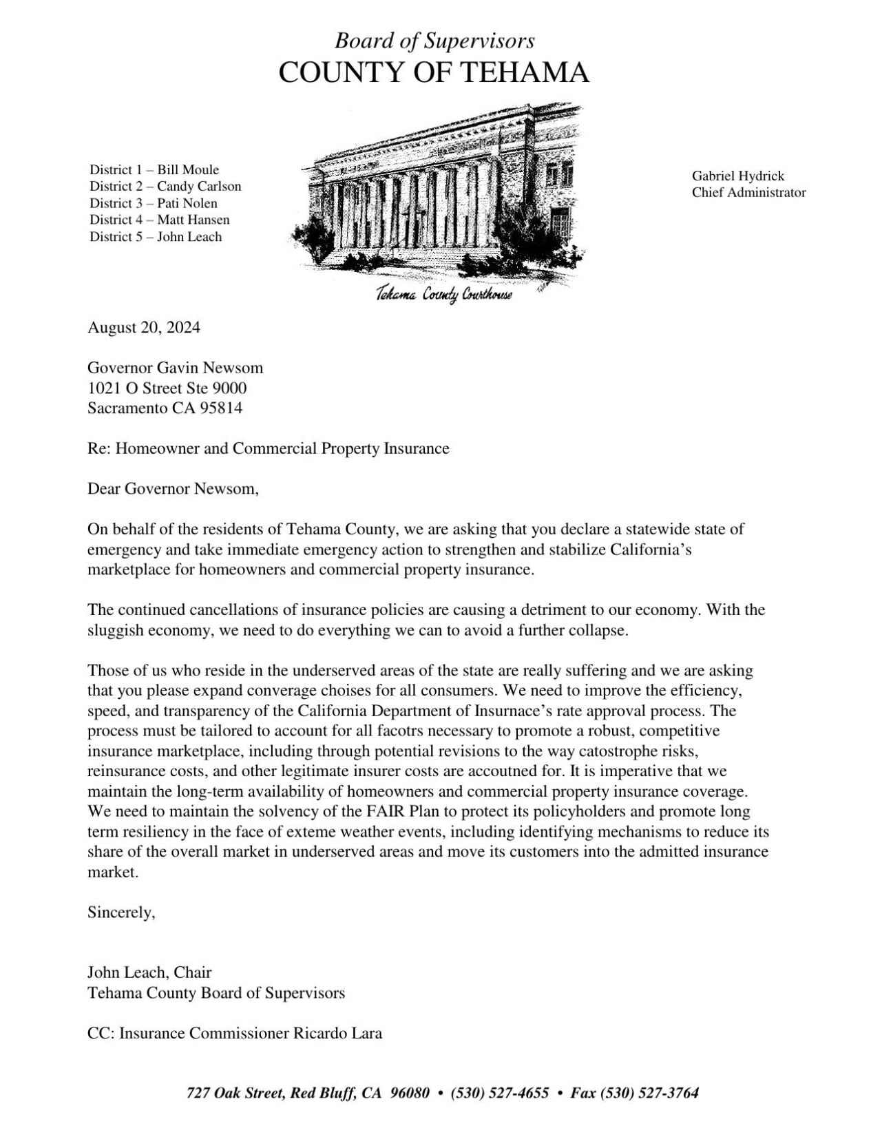 Tehama County sent Governor Newsom a letter in hopes of declaring a ...