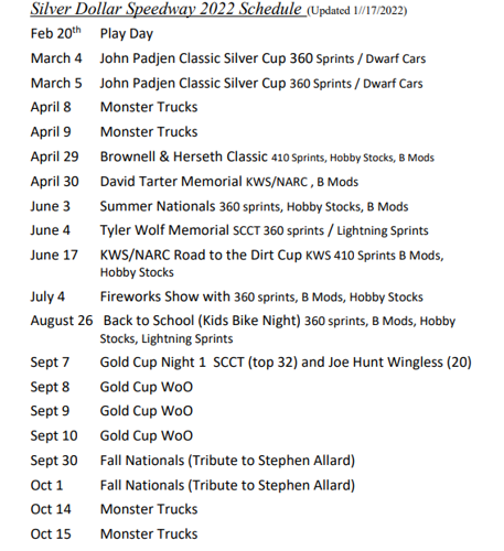 Silver Dollar Raceway Schedule 2022 Start Your Engines! Silver Dollar Speedway Releases 2022 Schedule | Local |  Actionnewsnow.com