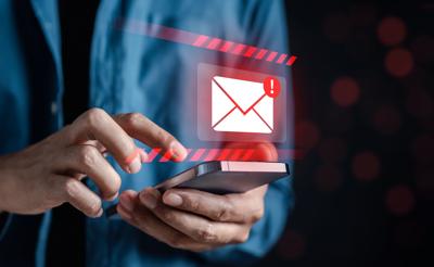 Alert Email inbox and spam virus with warning caution for notification on internet letter security protect, junk and trash mail and compromised information.