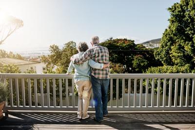 Morning,,Balcony,And,Back,Of,Senior,Couple,Hug,For,Bonding,
