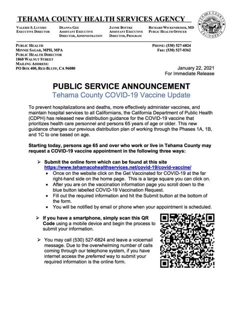 Tehama County Public Health Covid 19 Vaccine Announcement Corning Observer Appeal Democrat Com