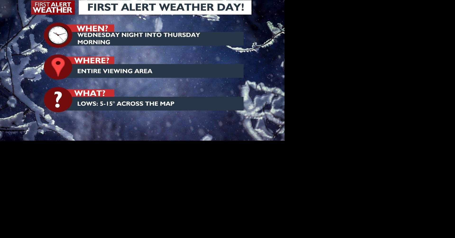 FIRST ALERT WEATHER DAY: Bitterly cold Thursday morning, low elevation ...