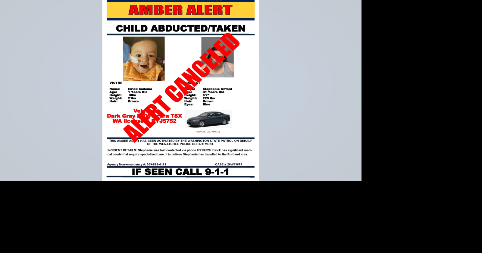 Amber Alert cancelled for 1-year-old Wenatchee child
