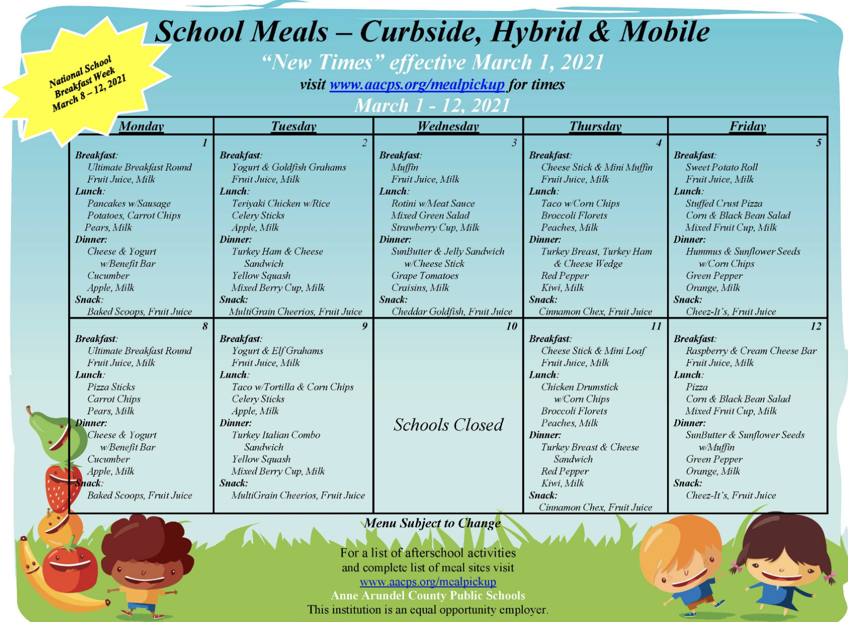 AACPS Free Meals Menu For Hybrid Students & Curbside Pickup News