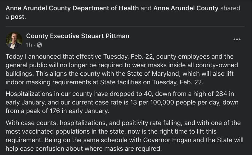 Anne Arundel County Lifted Indoor Masking Requirements At County