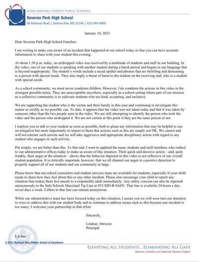 Letter from Principal of Severna Park High School Condemns Bullying Incident