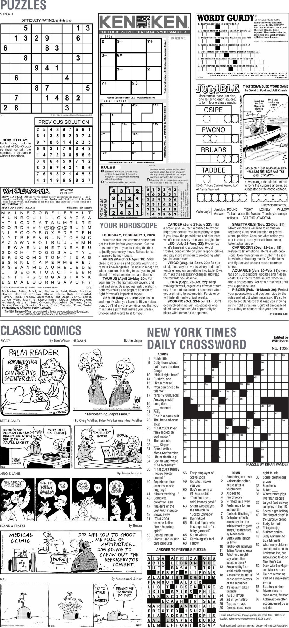 Puzzles, Feb. 1, 2024 | Puzzles Comics | Avpress.com