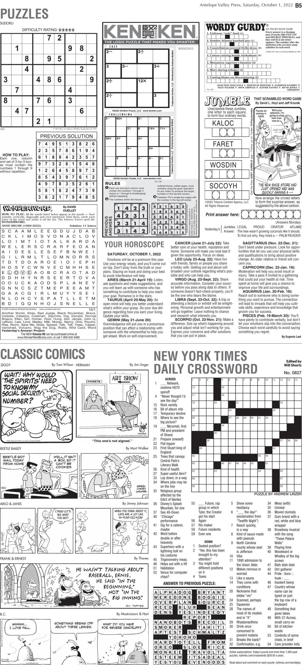Puzzles, Oct. 1, 2022 Puzzles Comics