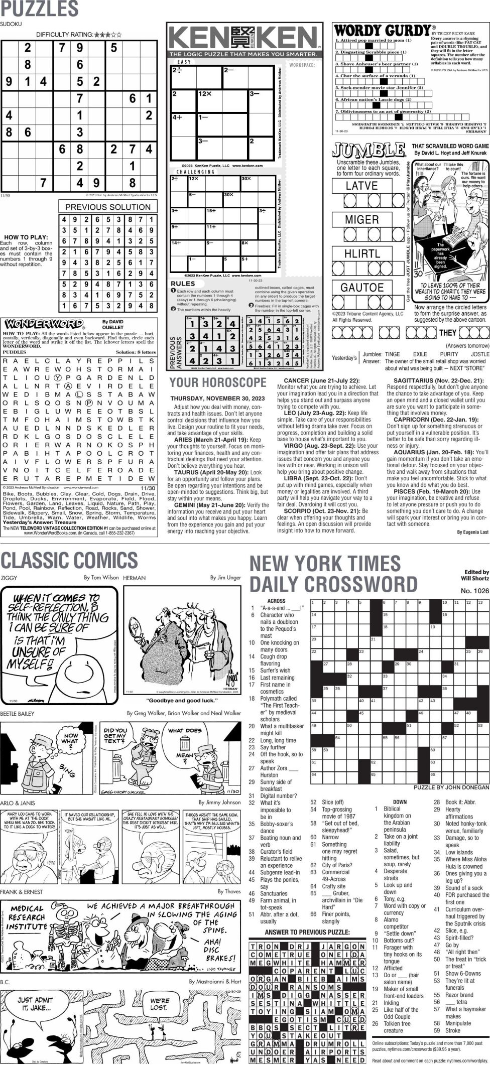 Puzzles, Nov. 30. 2023 | Puzzles Comics | avpress.com