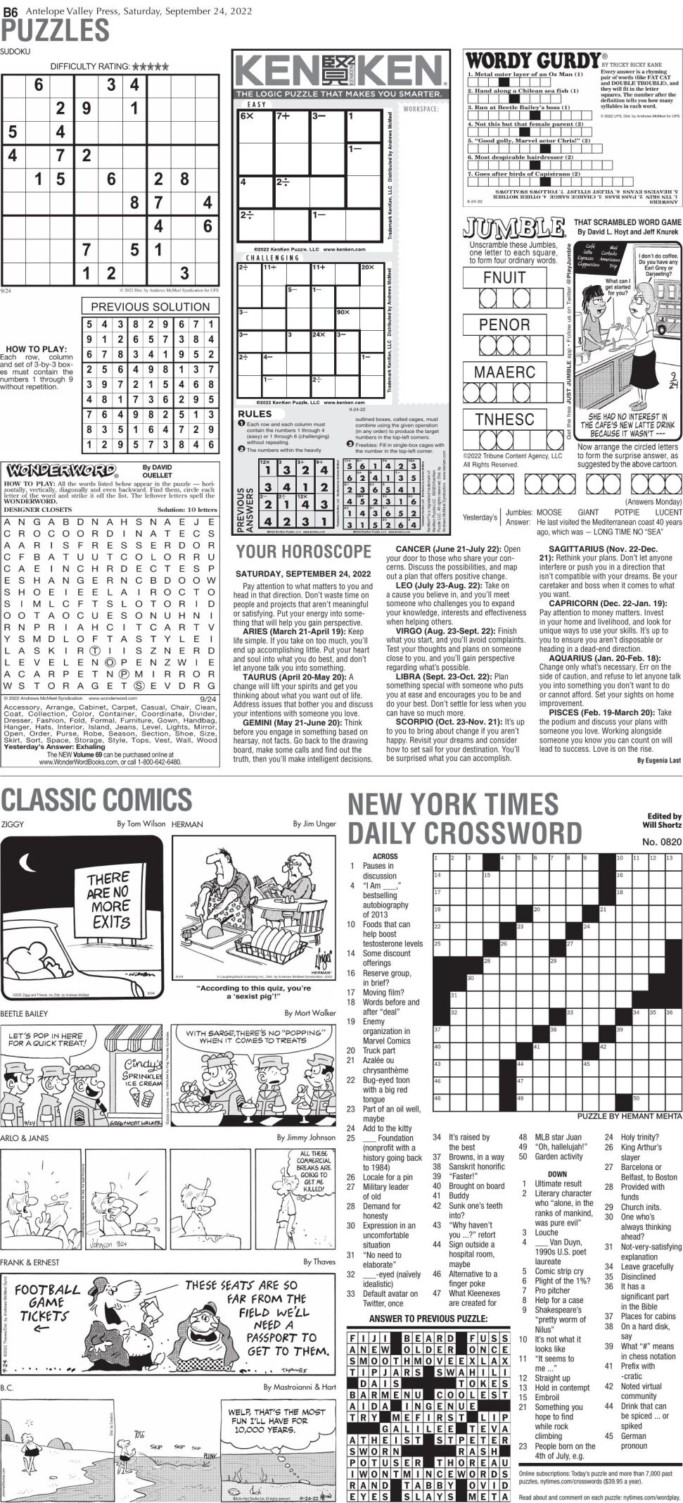 Puzzles, Sept. 24, 2022 | Puzzles Comics | avpress.com