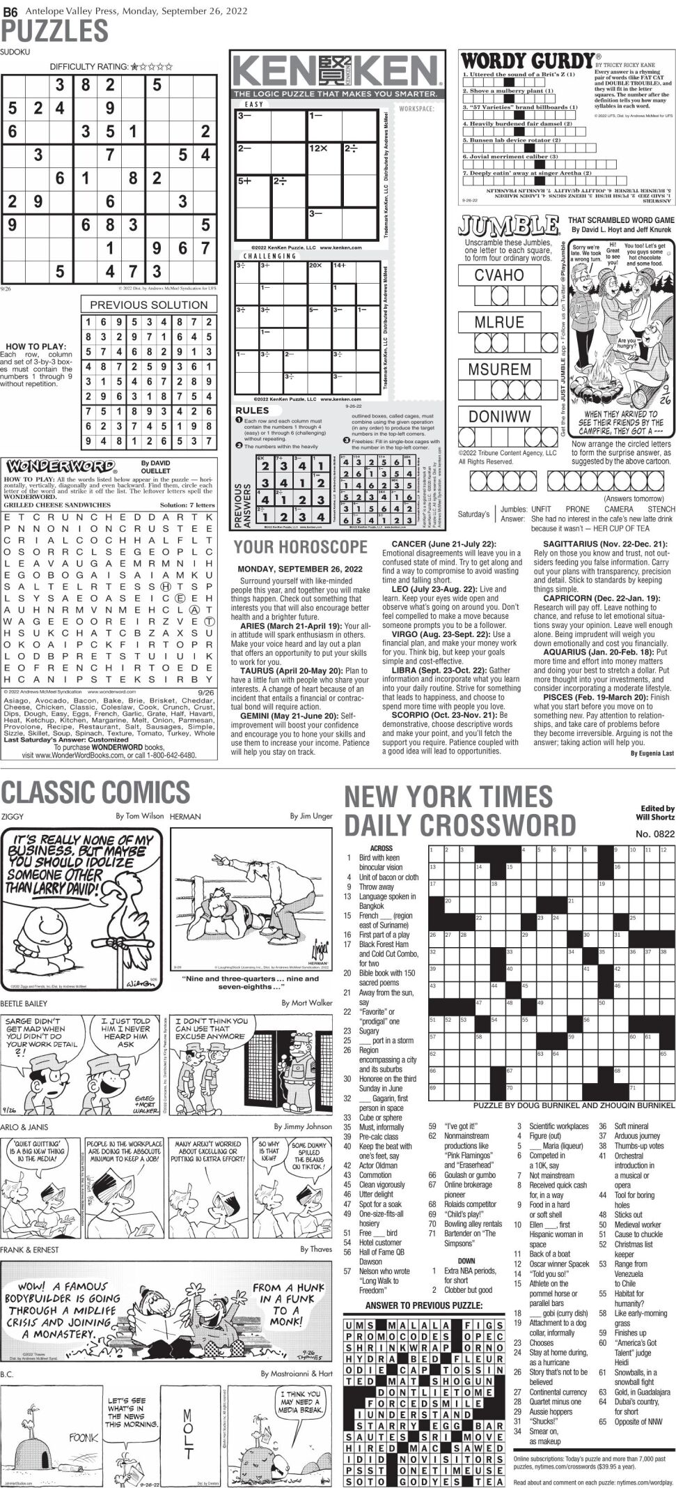 Puzzles, Sept. 26, 2022 | Puzzles Comics | avpress.com