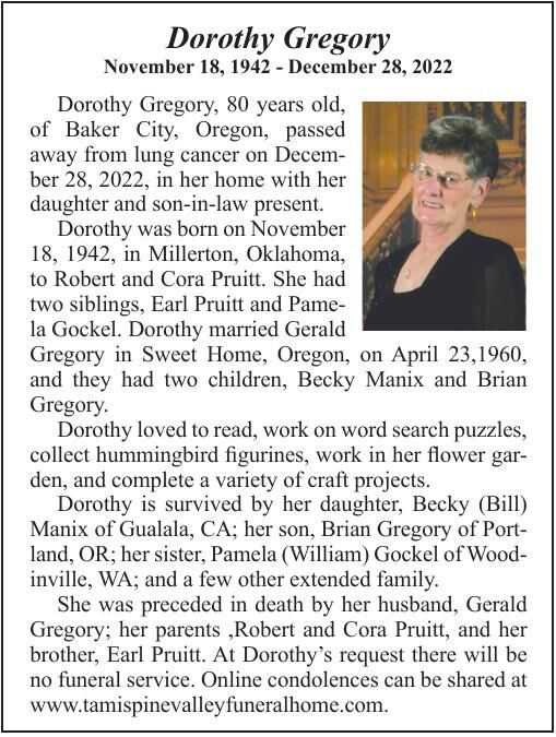 Obituary: Dorothy Gregory, 1942-2022 | Obituaries | Bakercityherald.com