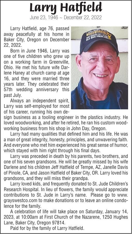 Obituary: Larry Hatfield, 1946-2022 | Obituaries | bakercityherald.com