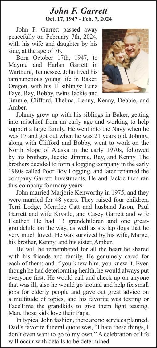 Obituary: John Garrett, 1947-2024 | Obituaries | bakercityherald.com