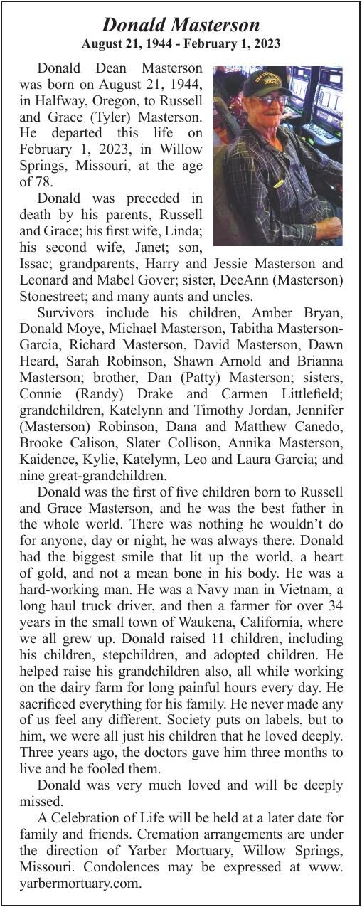 Obituary Donald Masterson, 19442023 Obituaries