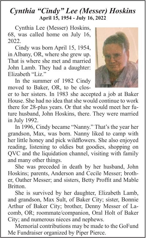 Obituary: Cynthia Hoskins, 1954-2022 | Obituaries | Bakercityherald.com