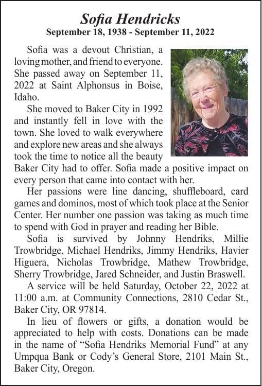 Obituary: Sofia Hendriks, 1938-2022 | Obituaries | bakercityherald.com