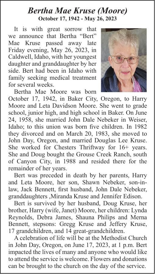 Obituary: Bertha Mae Kruse (Moore), 1942-2023 | Obituaries ...