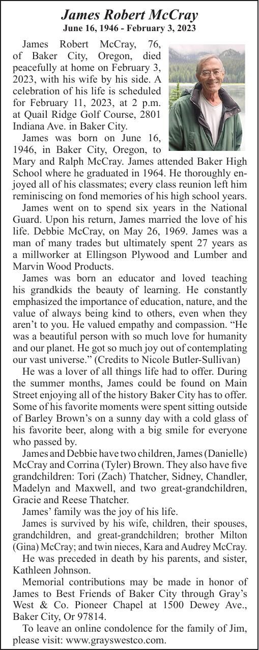 Obituary: James McCray, 1946-2023 | Obituaries | bakercityherald.com