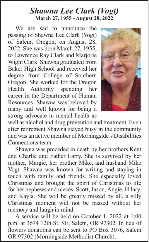 Obituary: Shawna Clark, 1955-2022 | Obituaries | bakercityherald.com