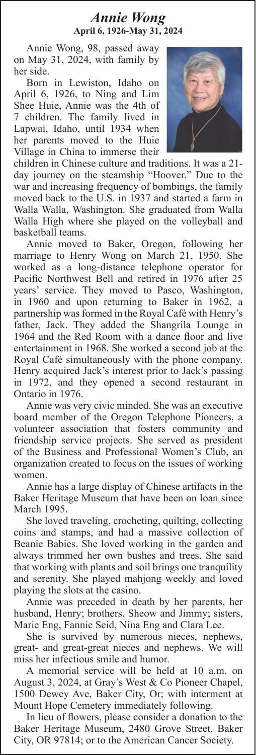 Obituary: Annie Wong, 1926-2024 | Obituaries | bakercityherald.com