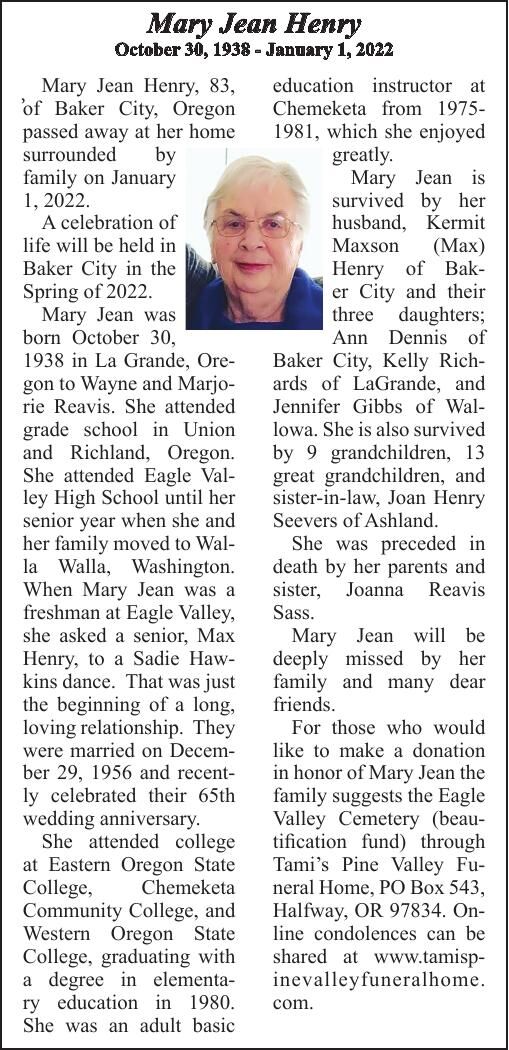 Obituary: Mary Jean Henry, 1938-2022 | Obituaries | bakercityherald.com