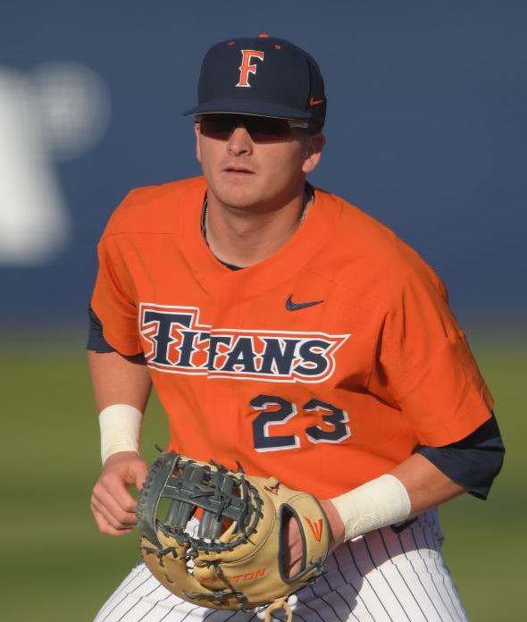 Jake Pavletich #23 of the Cal State Fullerton Titans takes a throw