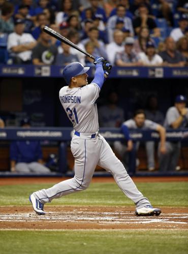 Los Angeles Dodgers center fielder Trayce Thompson looks on during