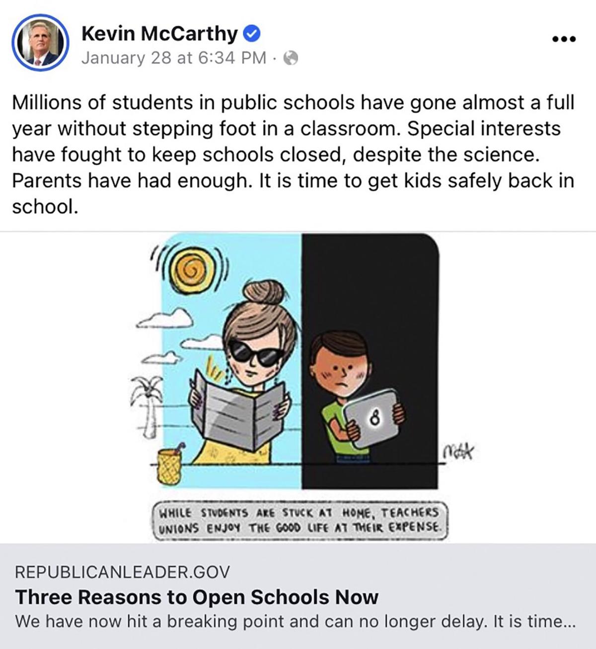 McCarthy receives criticism over post that portrays teachers on vacation | News | bakersfield.com