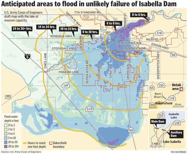 Anticipated areas to flood in unlikely failure of Isabella Dam
