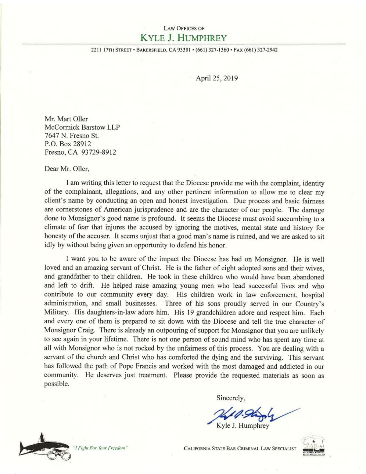Letter From Attorney Kyle J Humphrey To The Attorney For The Diocese Of Fresno Bakersfield Com