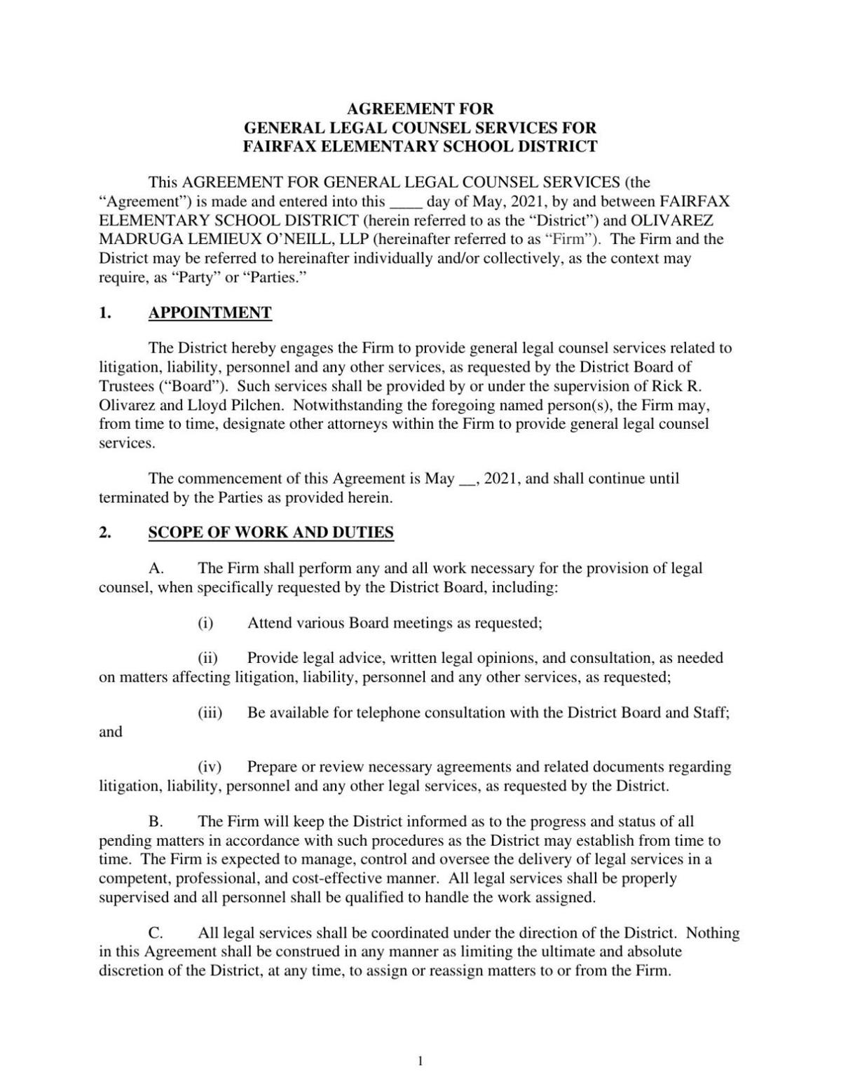 Agreement between Fairfax School District and OMLO Law