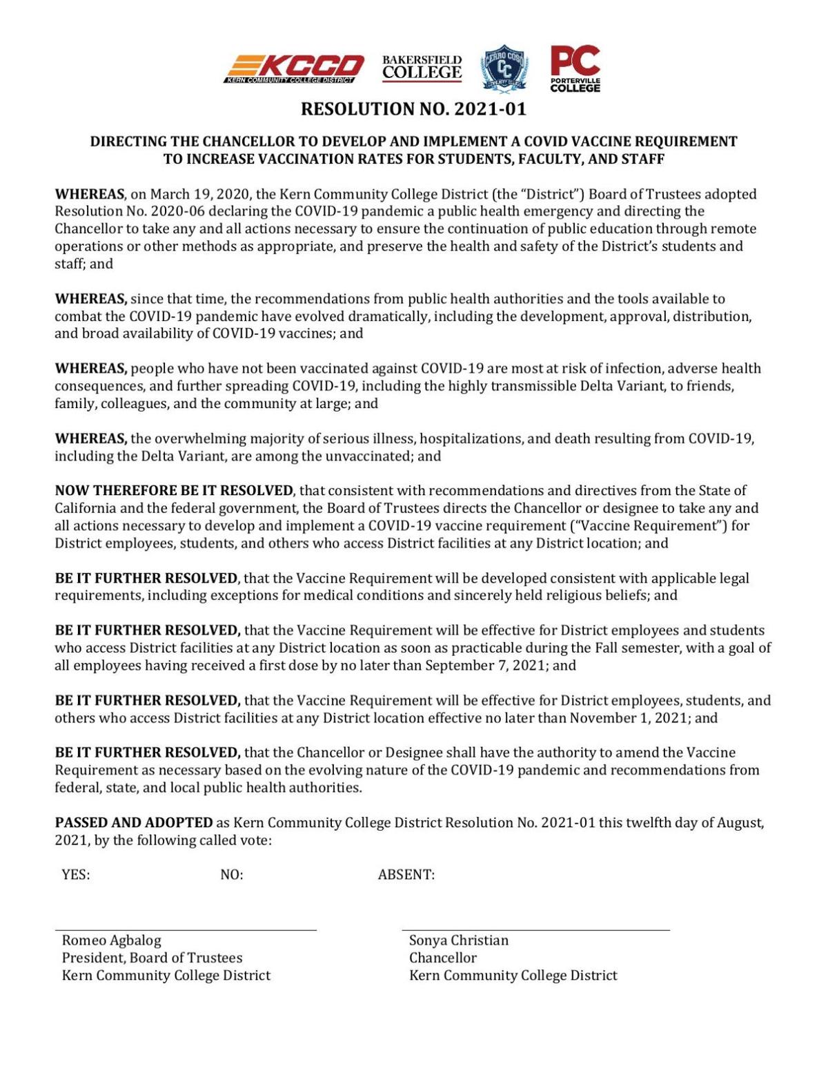 KCCD vaccine requirement resolution