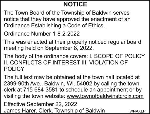 Notice Ordinance Establishing A Code Of Ethics Ordinance Number 1 8 2 22 Public Notices Baldwin Bulletin Com