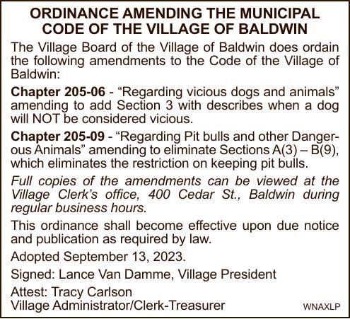 ORDINANCE AMENDING THE MUNICIPAL CODE OF THE VILLAGE OF BALDWIN ...