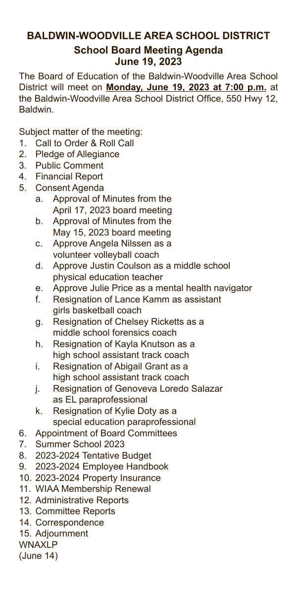 BALDWINWOODVILLE AREA SCHOOL DISTRICT School Board Meeting Agenda June