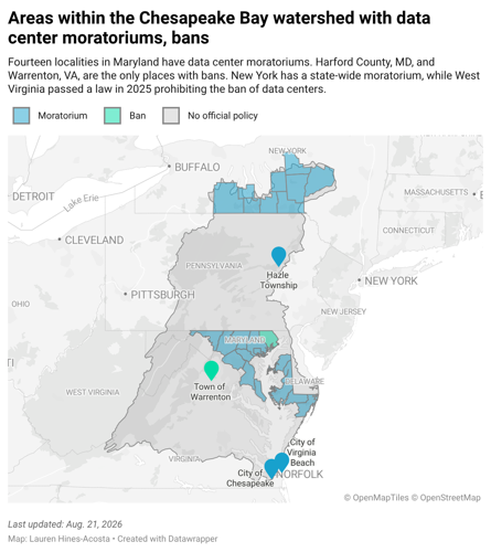 Map of data center policies across Chesapeake Bay watershed