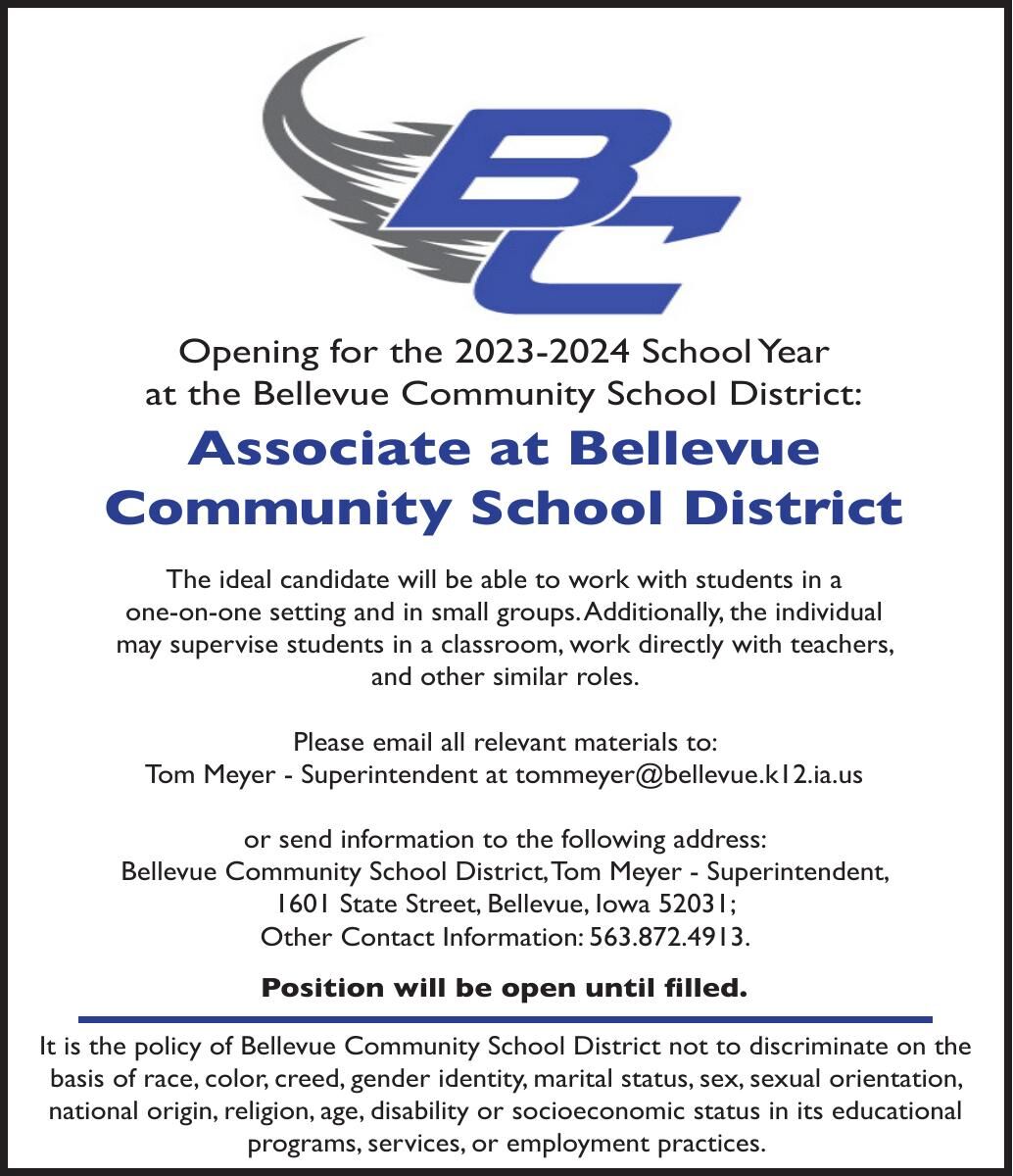 Opening for the 2023-2024 School Year: Associate at Bellevue Community School District