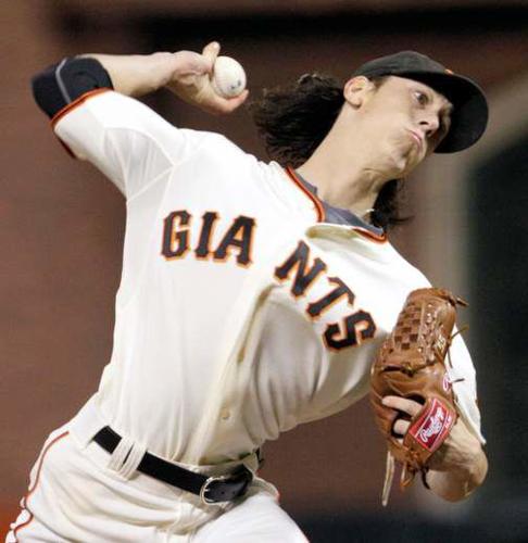 San Francisco, CA: San Francisco Giants pitcher Tim Lincecum (55) unhappy  with his early efforts in his first loss of the season. The Nationals won  the game 7-3. (Credit Image: © Charles