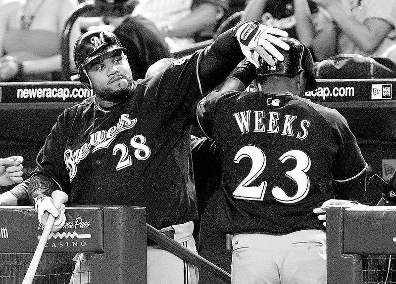 Milwaukee Brewers first baseman Prince Fielder (28) congratulates