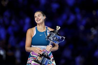 Belarus' Aryna Sabalenka poses with the trophy after winning against Kazakhstan's Elena Rybakina during the Women's Singles Final in the Australian Open on Saturday, Jan. 28, 2023, in Melbourne.