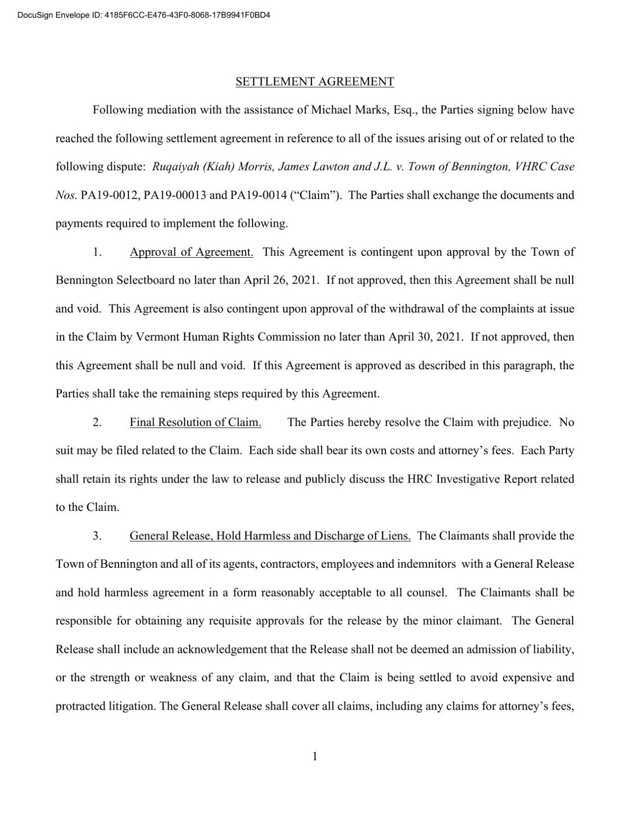Settlement agreement between the town of Bennington and Kiah Morris and her family