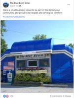 The Blue Benn diner's Facebook post tagging #ColbertSmallBizBump
