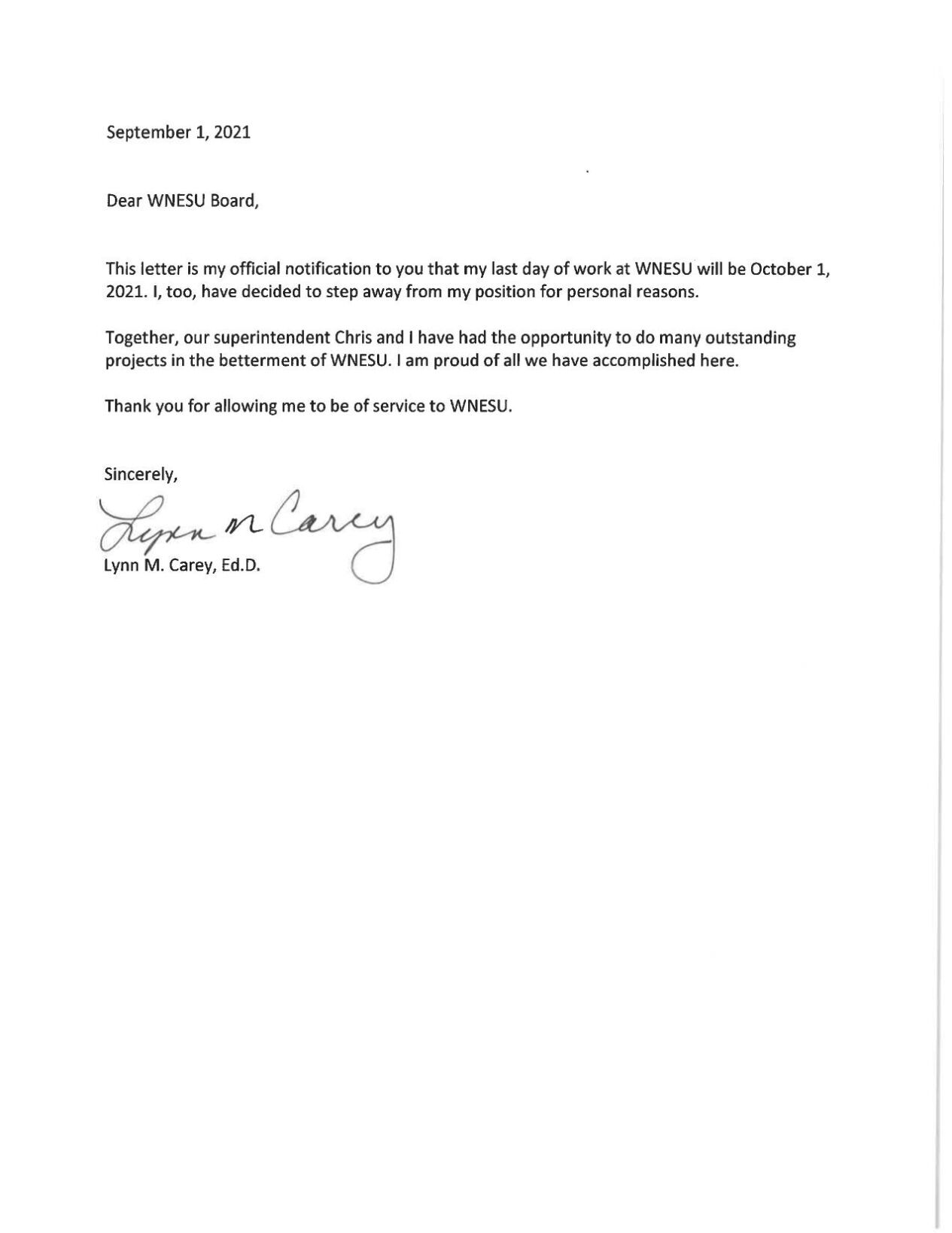 Carey Resignation Letter Benningtonbanner Com