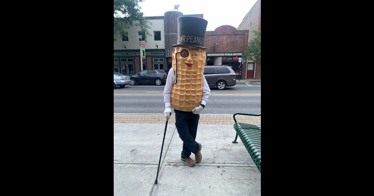 Mr. Peanut' appeared on the sidewalk in front of the Banner
